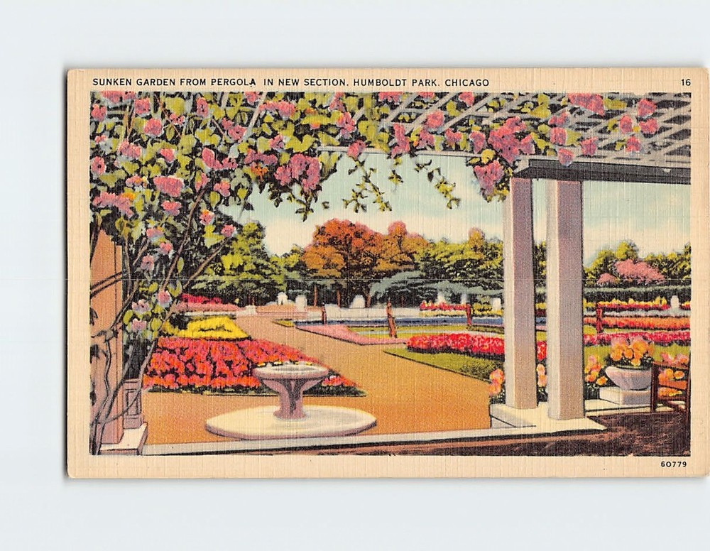 Postcard Sunken Garden from Pergola Humboldt Park Chicago Illinois USA