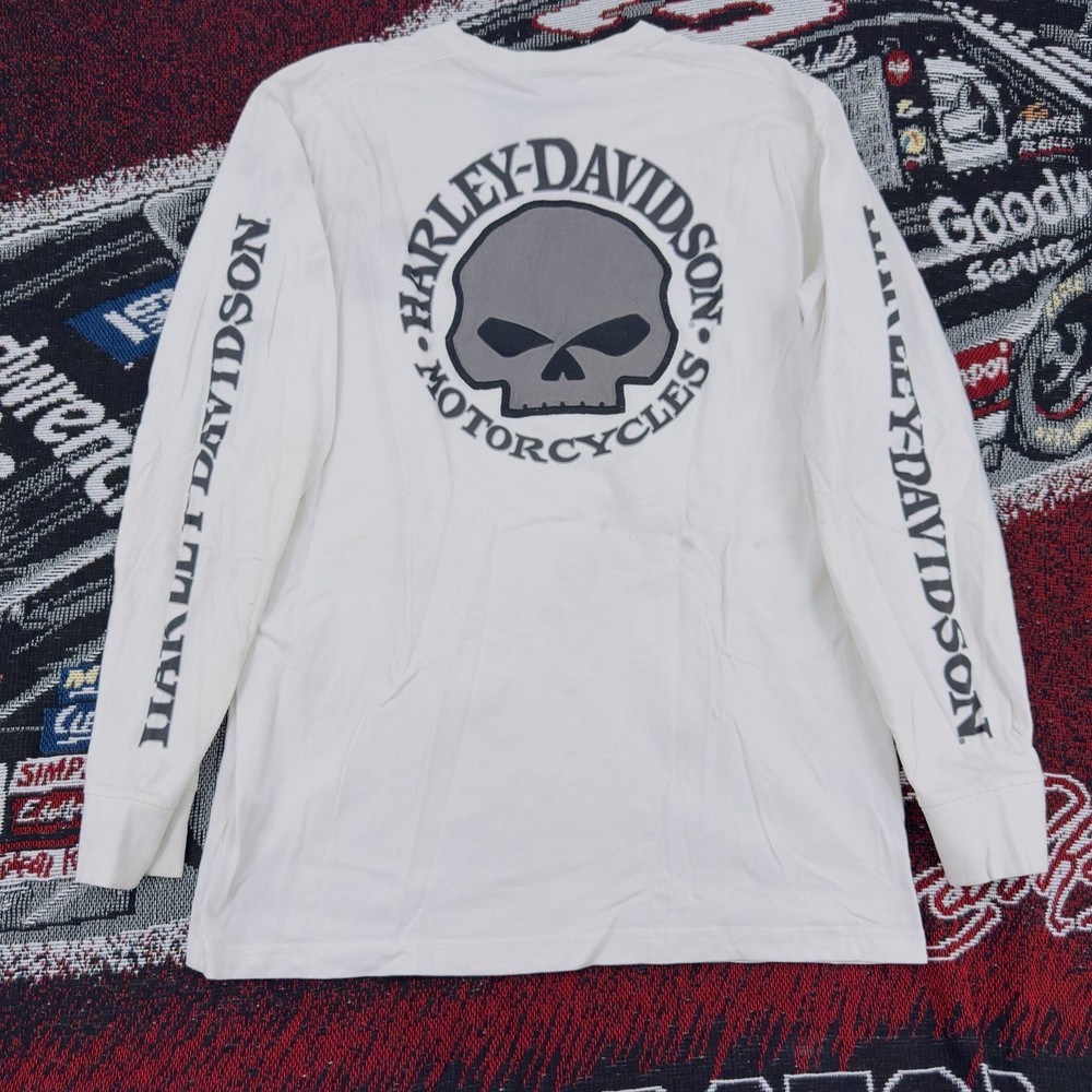 Vintage Y2K Harley Davidson Skull Emo Long Sleeve Mens Large Logo White Tee