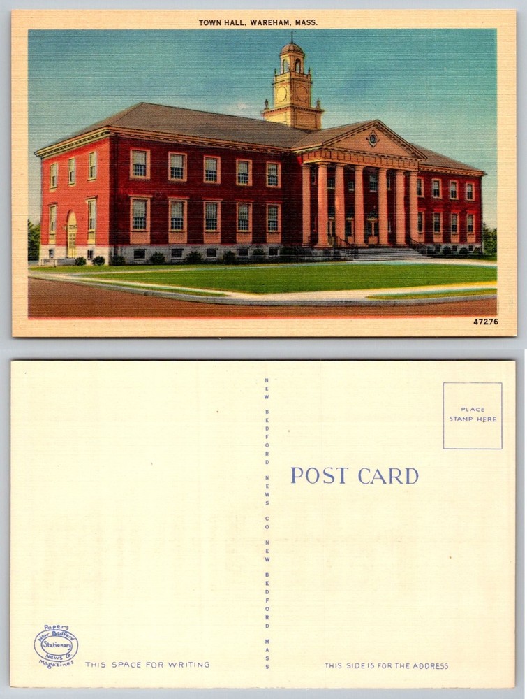 Wareham, MA Town Hall Linen Postcard - New Bedford News Co. Vintage