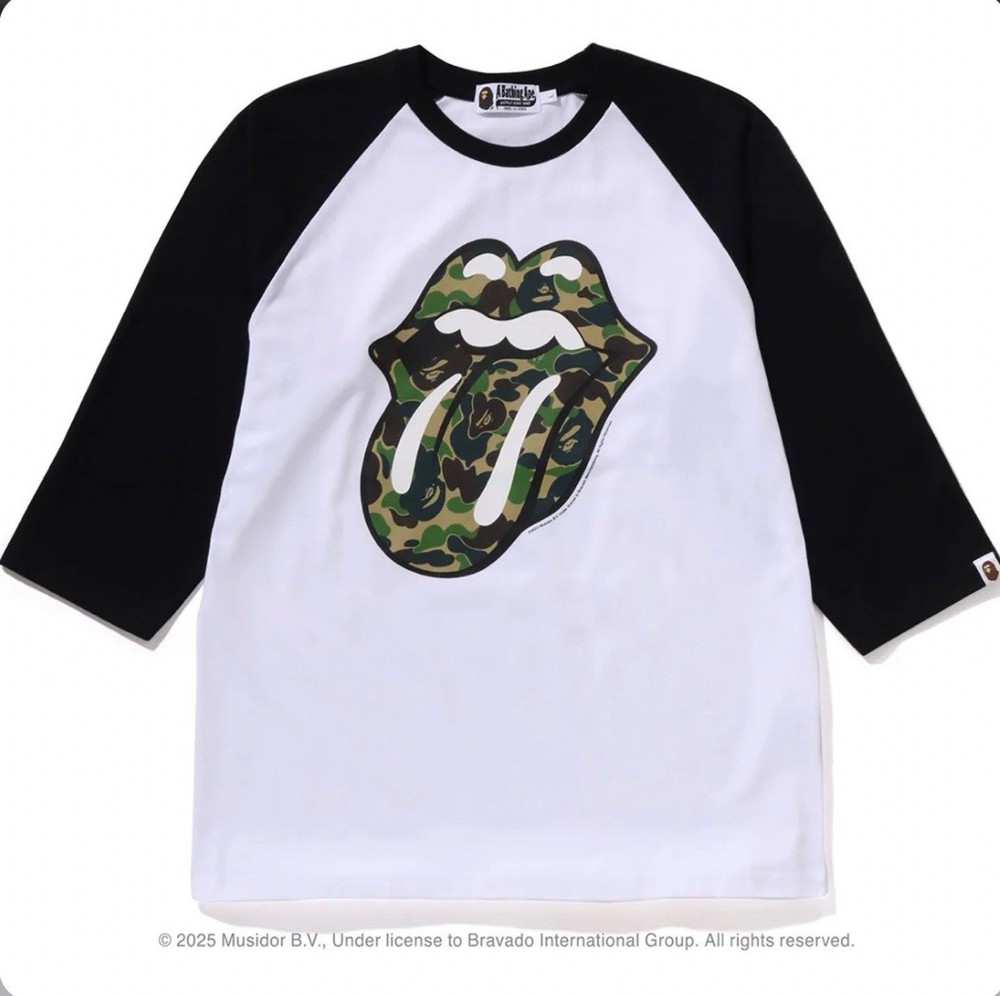 BAPE X Rolling Stones 3/4 Sleeve Tee Mens Designer Streetwear Fashion