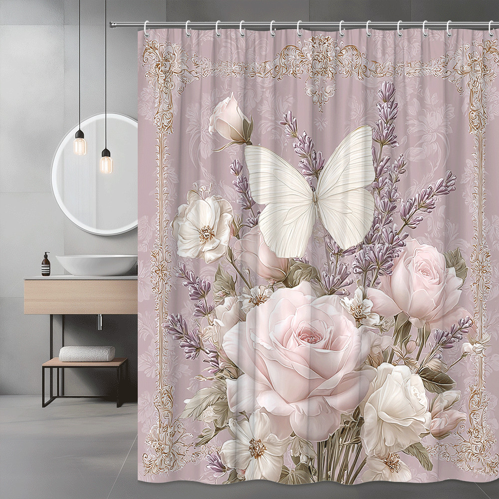 Pink Floral Butterfly Shower Curtain Vintage Rose Print