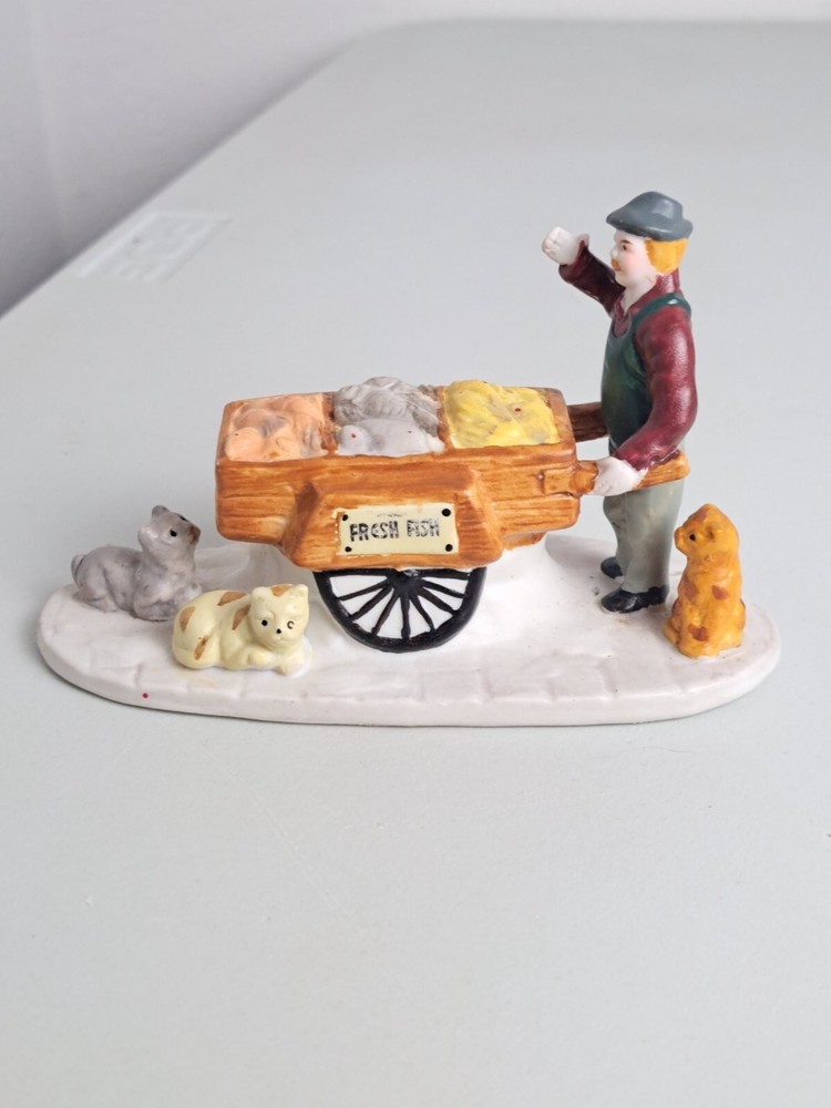 LEMAX Porcelain Christmas Village Fish Vendor Man with Cart Figurine No Box