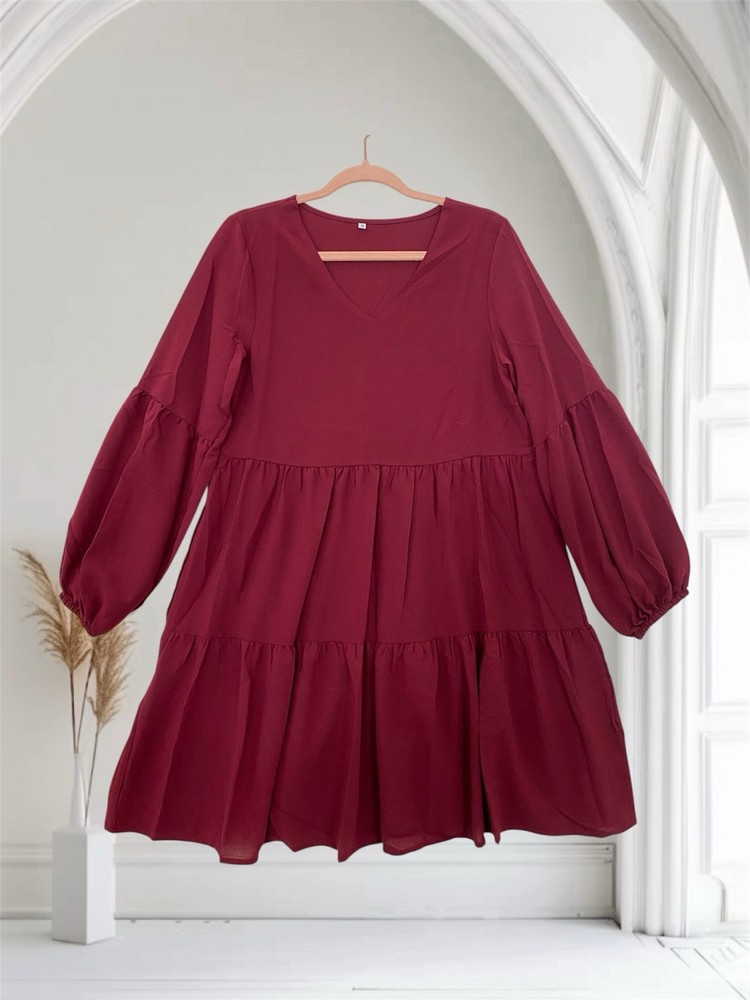 Womens Balloon Sleeve Tiered Babydoll Dress Women’s Small Burgundy Red Boho Chic