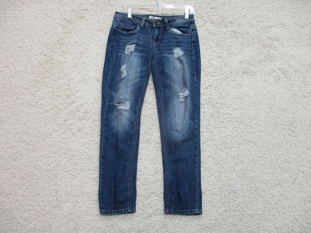 Dollhouse Jeans 7 Womens Juniors Size Blue Denim Straight Distressed Casual Logo