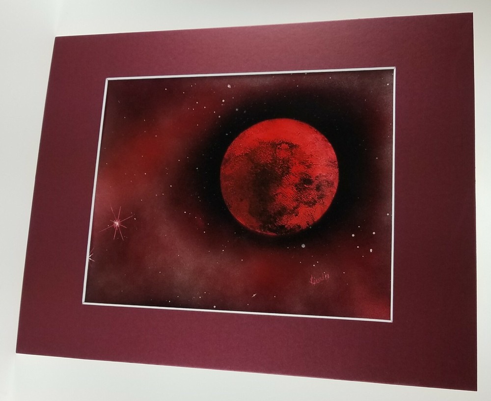 Planet Painting Original art by Jason Girard with attached Maroon mat board.