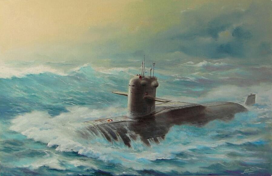 Modern Oil Painting of Submarines Floating on Surface Handpainted on Canvas