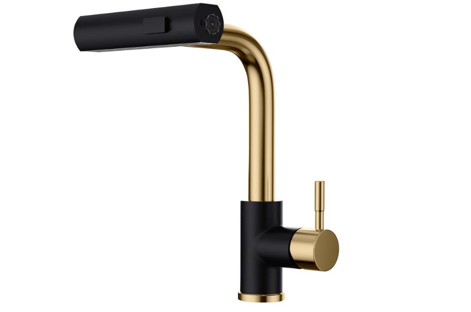 Grifo de cocina negro y dorado con rociador extraíble, cascada, monomando de 38