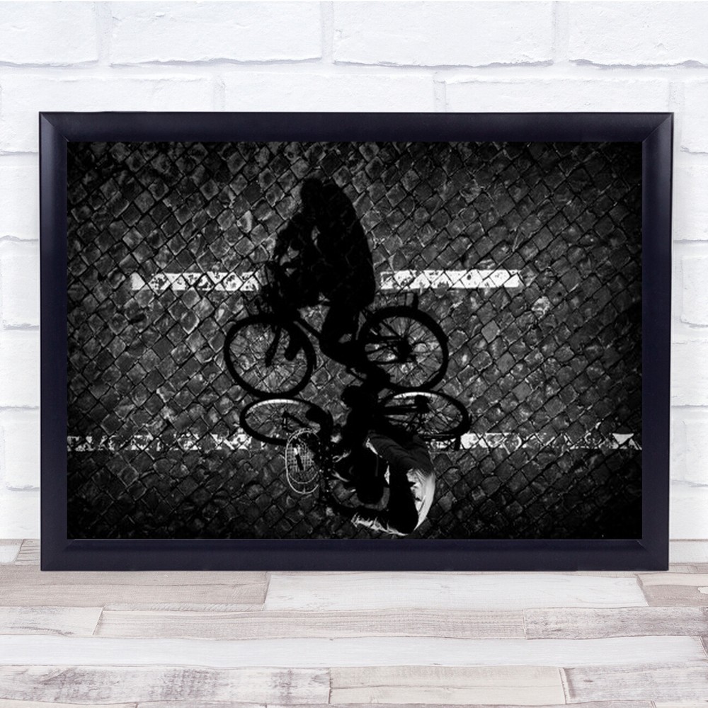 Cycling With Dad Street Bike Bicycle Person Shadow Rome Italy B&W Wall Art Print