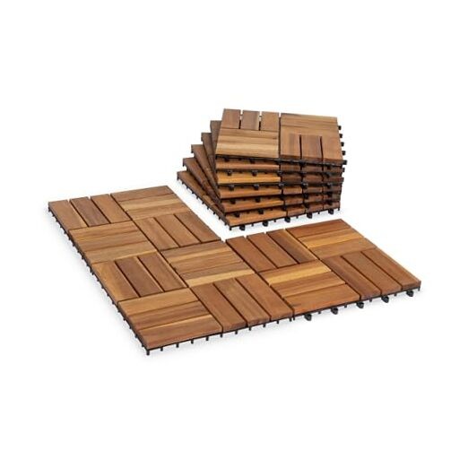 Acacia Wood Patio Deck Tiles - 9-Piece Interlocking 12-Slat Set for Outdoor Decks-image