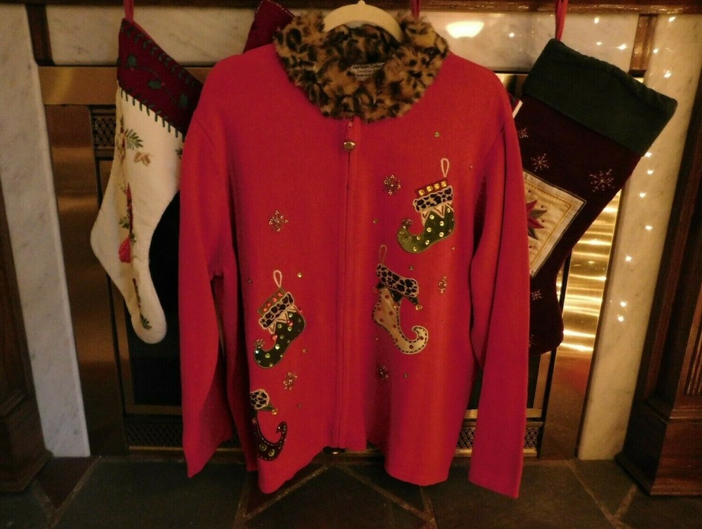 VTG  Heirloom Collectibles Christmas Red Cardigan Applique Sweater Fur Neck 2X