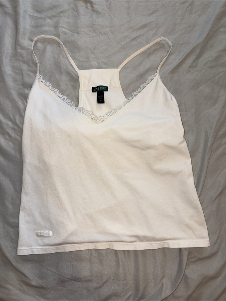 Lauren Ralph Lauren Women's Medium White Lace V Neck Ribbed 100% Cotton Tank Top