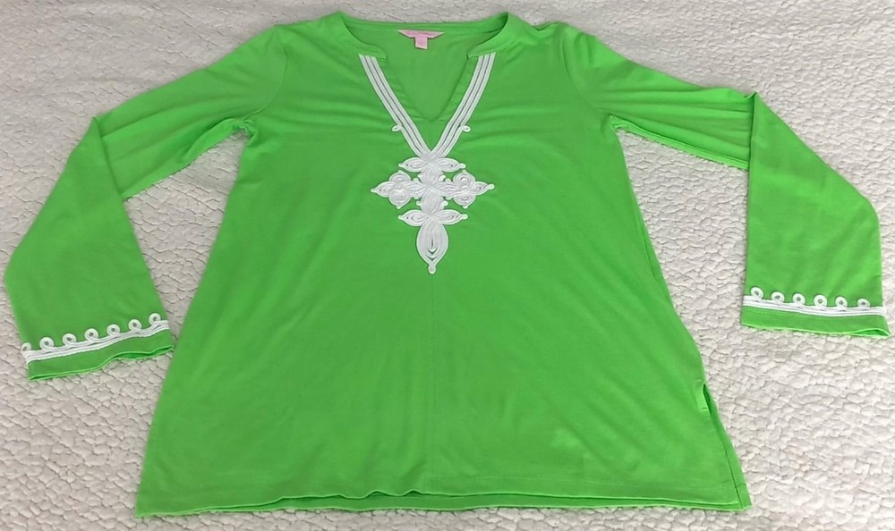 Lilly Pulitzer Tunic Top Lime Green Embroidered 100% Cotton Size S NWOT