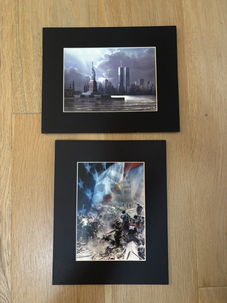 Set of 2 Matted Color NYC Skyline 9/11 Photo Prints Statue of Liberty WTC
