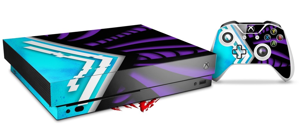 Skin for XBOX One X Console Controller Black Waves Neon Teal Purple Decal