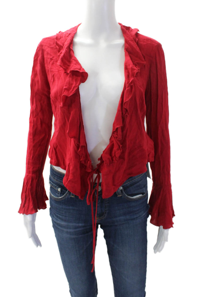 Lisa Says Gah Womens Long Sleeve Tie Front V Neck Ruffle Trim Top Red Size XSFree Shipping in US $100+ Orders | $6.95 Orders Below