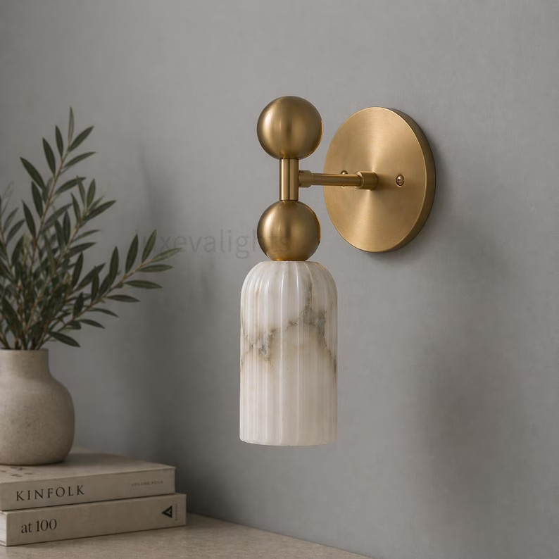 Mid Century Modern Brass Wall Sconce, Alabaster Shade Brass Wall Light