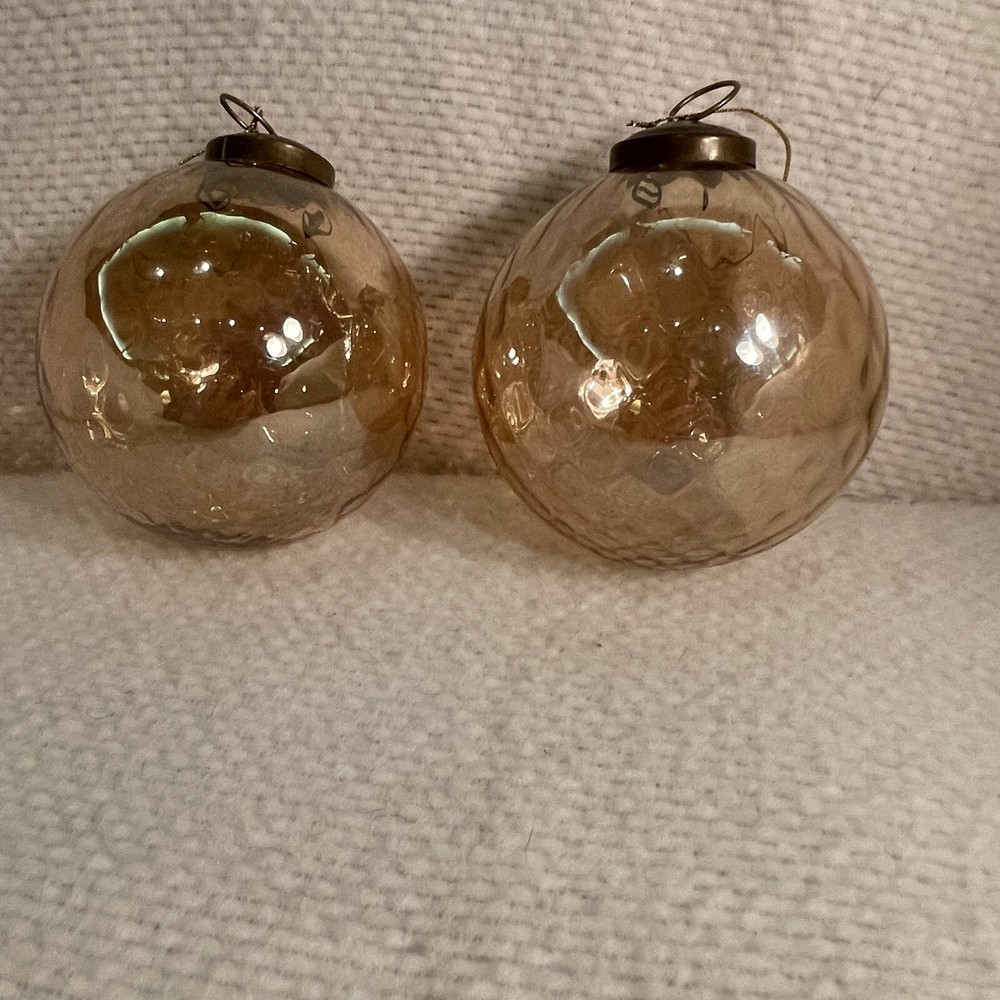 2 Clear Amber Colored Glass Orbs/ Ornaments Finger Print Pattern Vintage