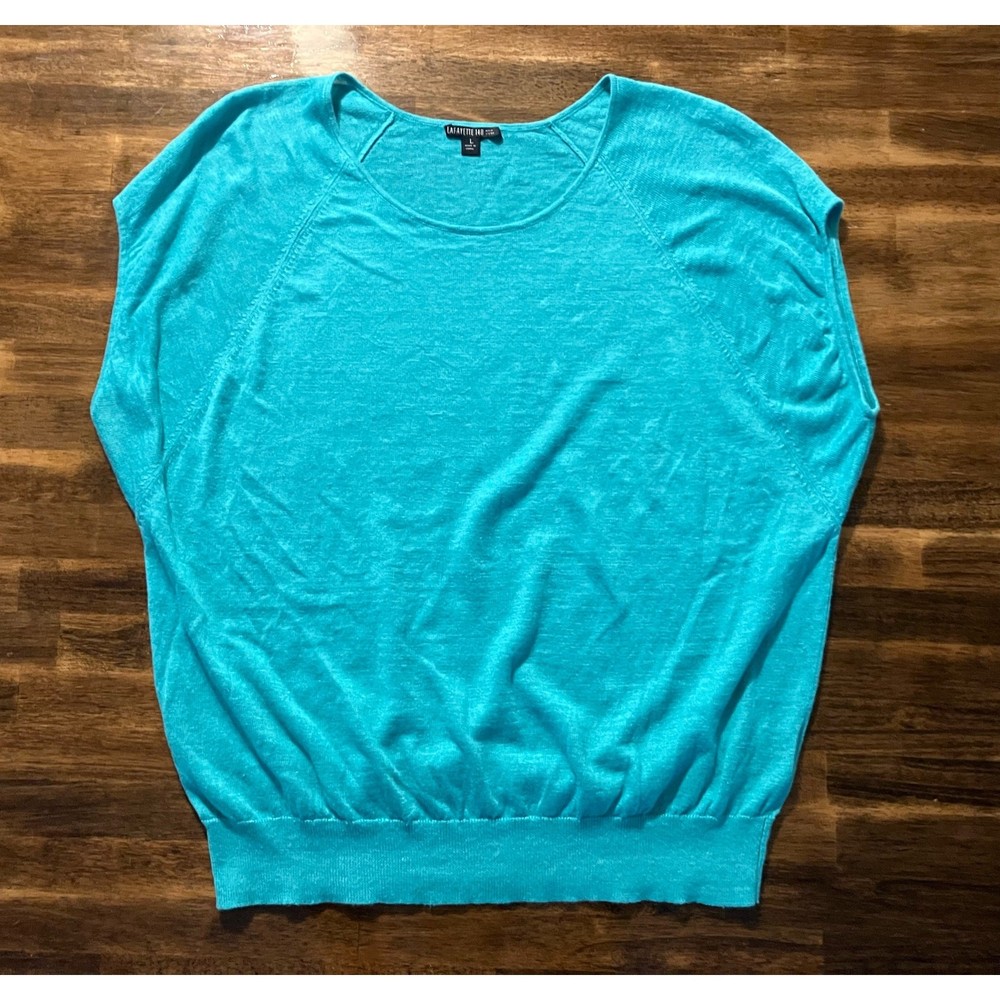 Lafayette 148 Women's Large Linen Knit Pullover Sweater Blue Short Dolman Sleeve