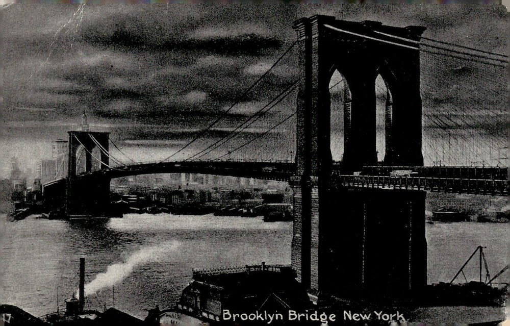 1934 Brooklyn Bridge New York City NYC Skyline Night View Vintage Postcard