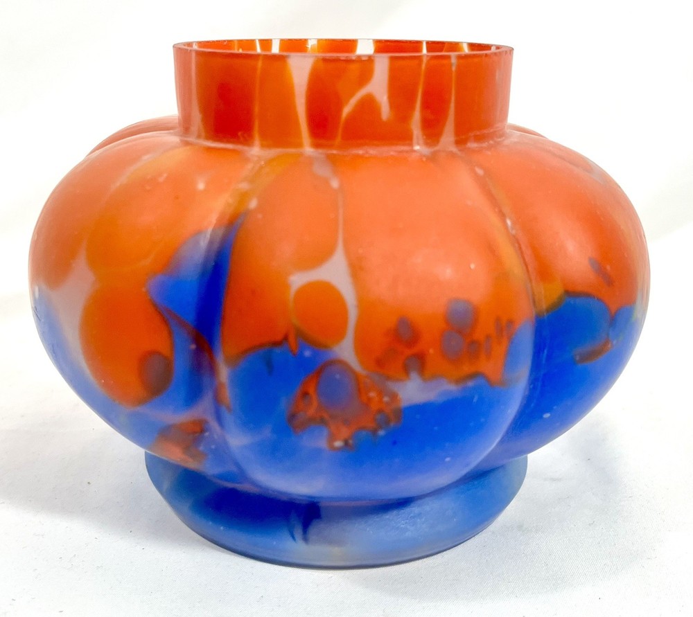 Vtg Czech Art Deco Splatter Glass Vase Orange Cobalt Blue Melon Bohemian Kraliz