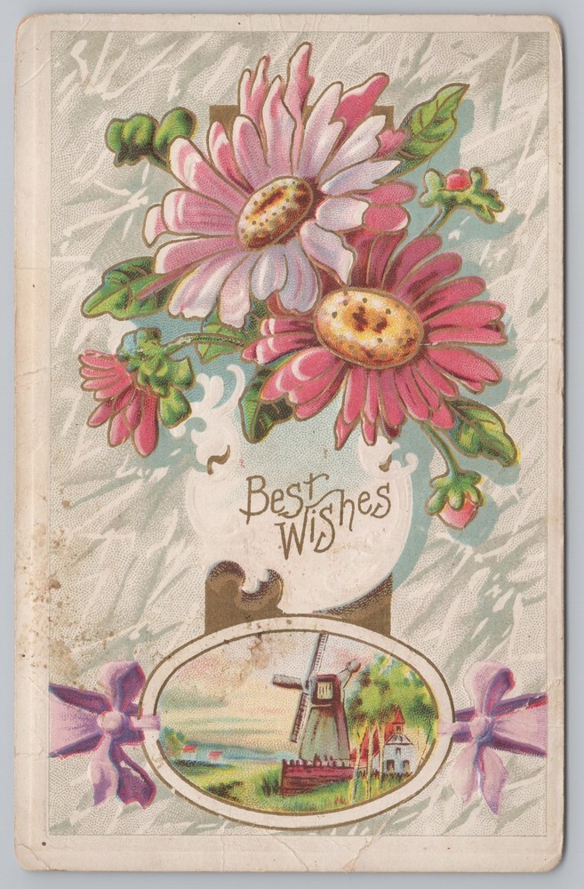 Greetings~Pink Flowers & Windmill Best Wishes~Vintage Postcard
