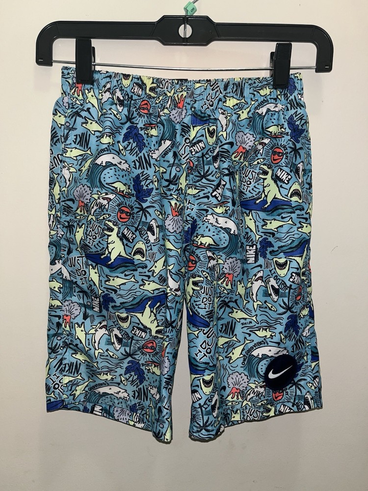Nike Swimsuit Swim Trunks Boys Large Sharks Good Vibes Blue M -137-147 Cm