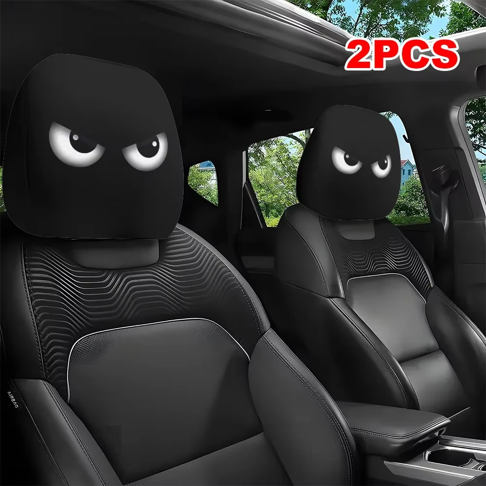 2PCS Funny Slanted Eyes Cartoon Print Car Headrest Cover for Halloween Christmas
