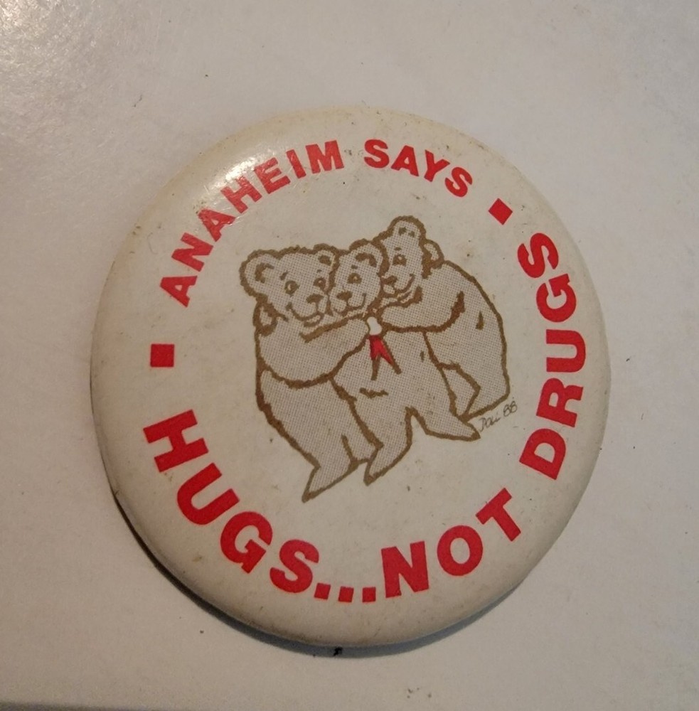Vintage Button Pinback Anaheim Says Hugs Not Drugs 1980s 1988 Bears