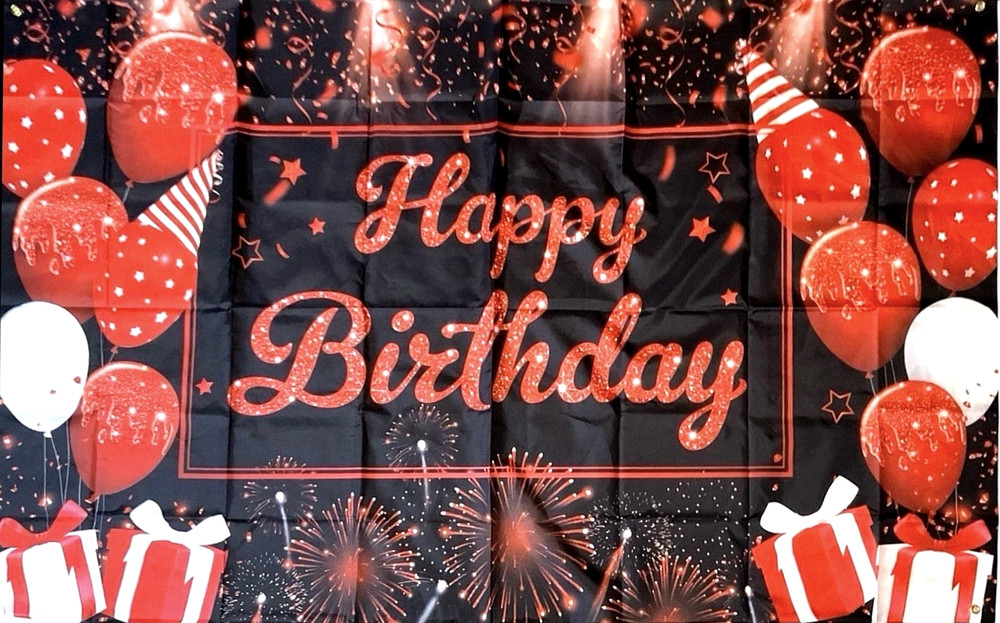 Happy Birthday Banner Red Black 72x44 Fabric Backdrop Party Decor Photo Prop