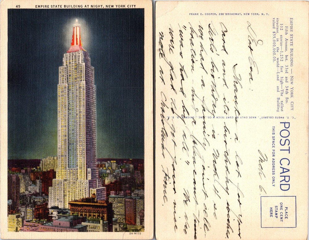 Empire State Building at Night New York City Postcard