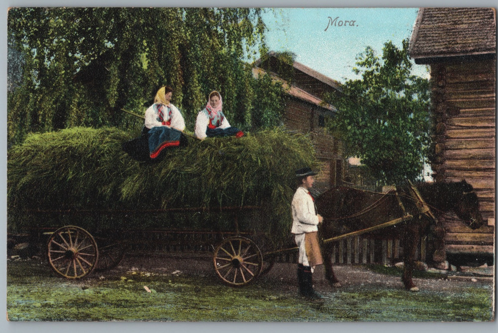 Sweden Mora Dalarna Folk Costume Horse Drawn Hay Cart Axel Eliasson Postcard