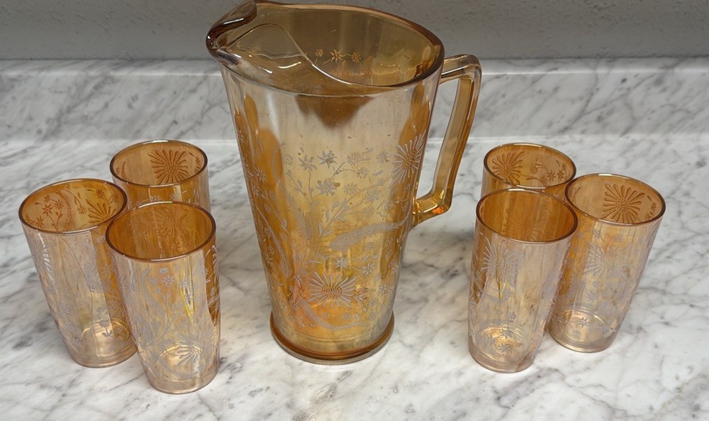Vintage Jeannette Glass Peach Lustre Marigold Carnival Glass Pitcher & Glass Set