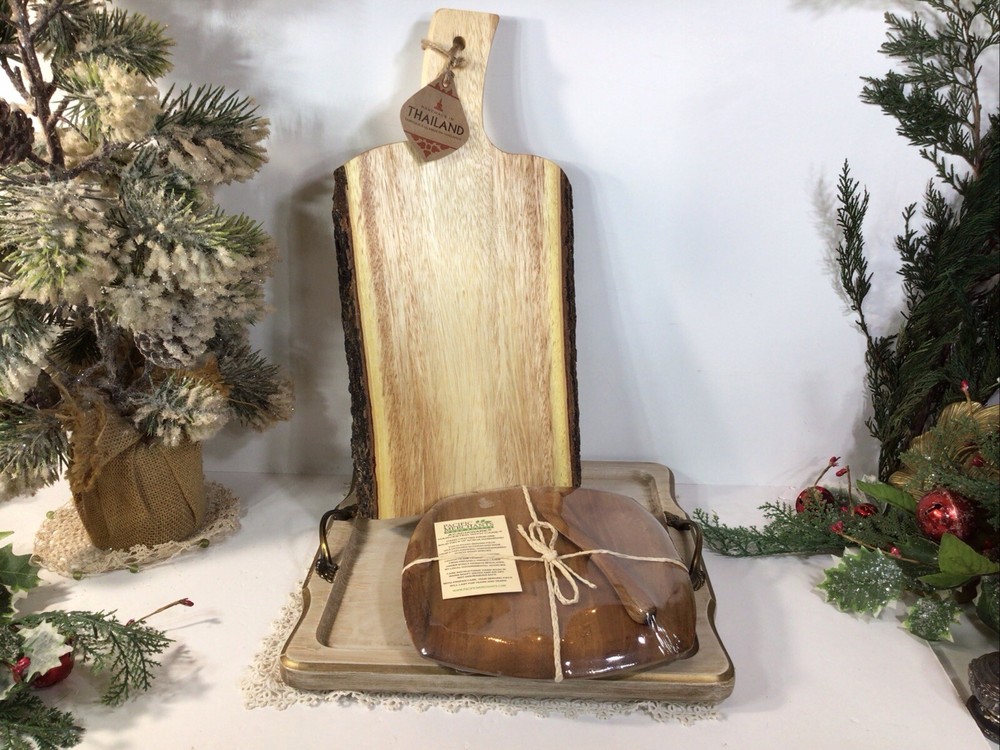 Acacia Wooden Serving/ Cutting Boards~Set Of 2~NEW~Thailand~Tree Bark-image