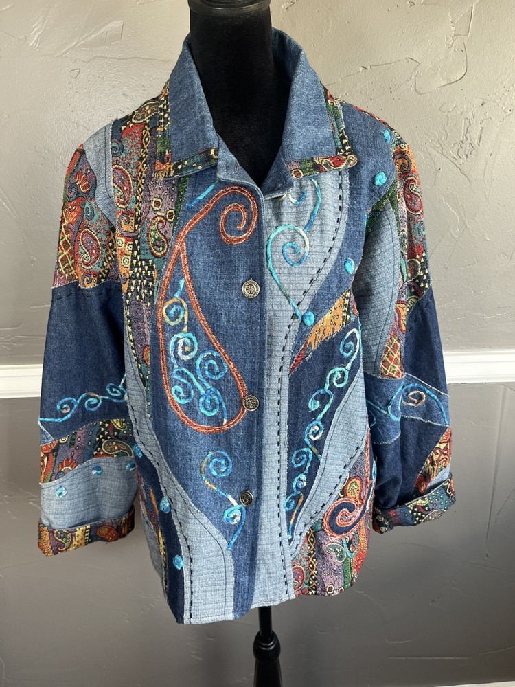 Paisley & Sage Women's Size L Art To Wear Jacket Button Front Denim Tapestry