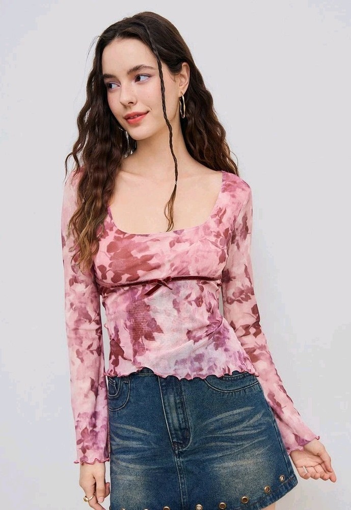 Cider Blush Plink Mesh Floral Layer Bell Sleeve Size Xl Top Stretch Romantic Bow