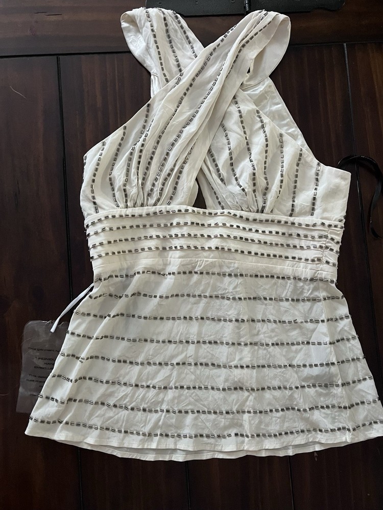 Bebe Women’s Silk Going Out Top Size S Sleeveless, White, Beaded, Lined