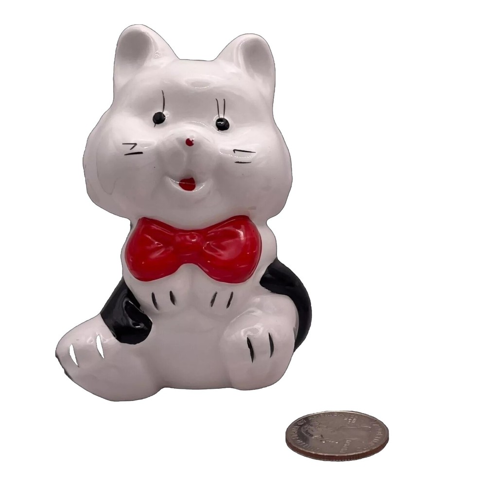 Винтажная фигурка кошки / котенка - керамика - черный белый красный - галстук-бабочка - 4