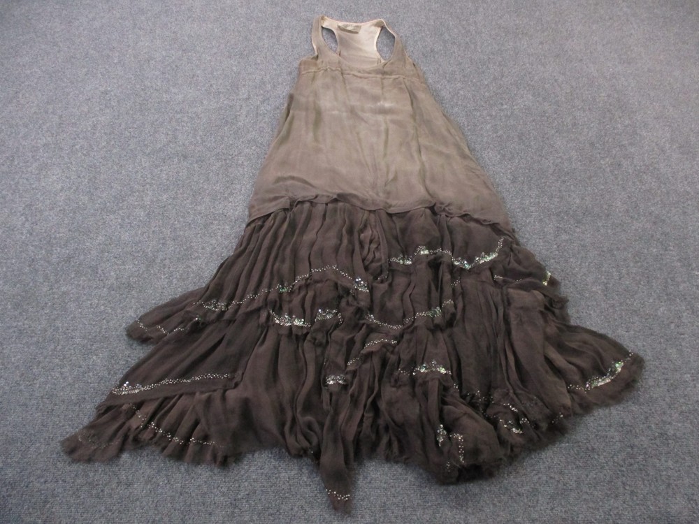 Allsaints Dress Womens 12 Silk Eider Maxi Beaded Flowy Distressed Ruffle Boho