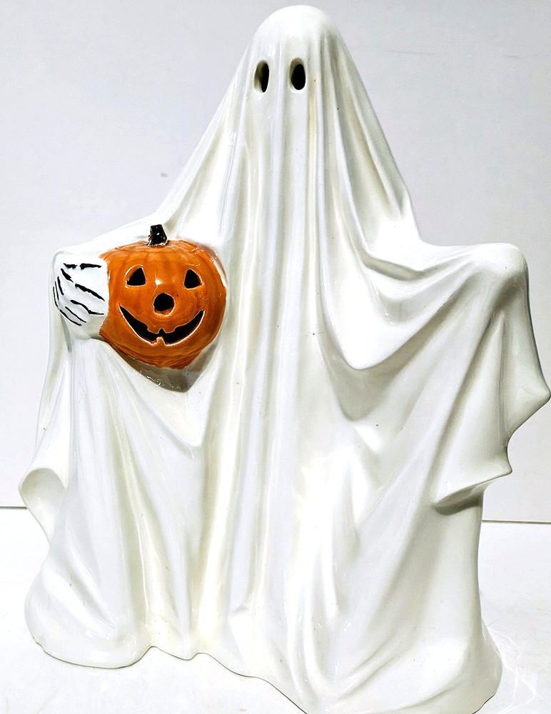 Ghost & Jack-O-Lantern - Byron Molds Ceramic Halloween Decor - Vintage 1972