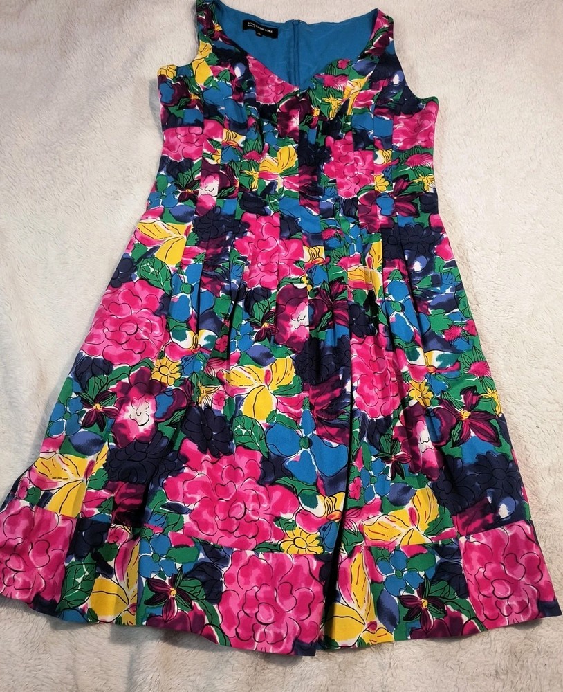 Jones New York Floral Dress Size 14 Sleeveless Pleated Cotton Stretch Fit Flare