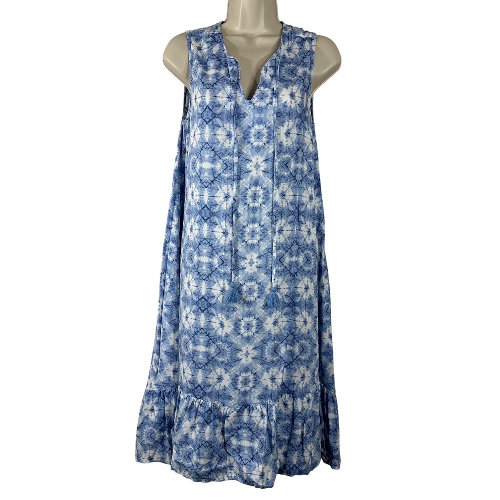 Beach Lunch Lounge Women's Dress Blue Busy Print Resortwear Summer Midi Size XS