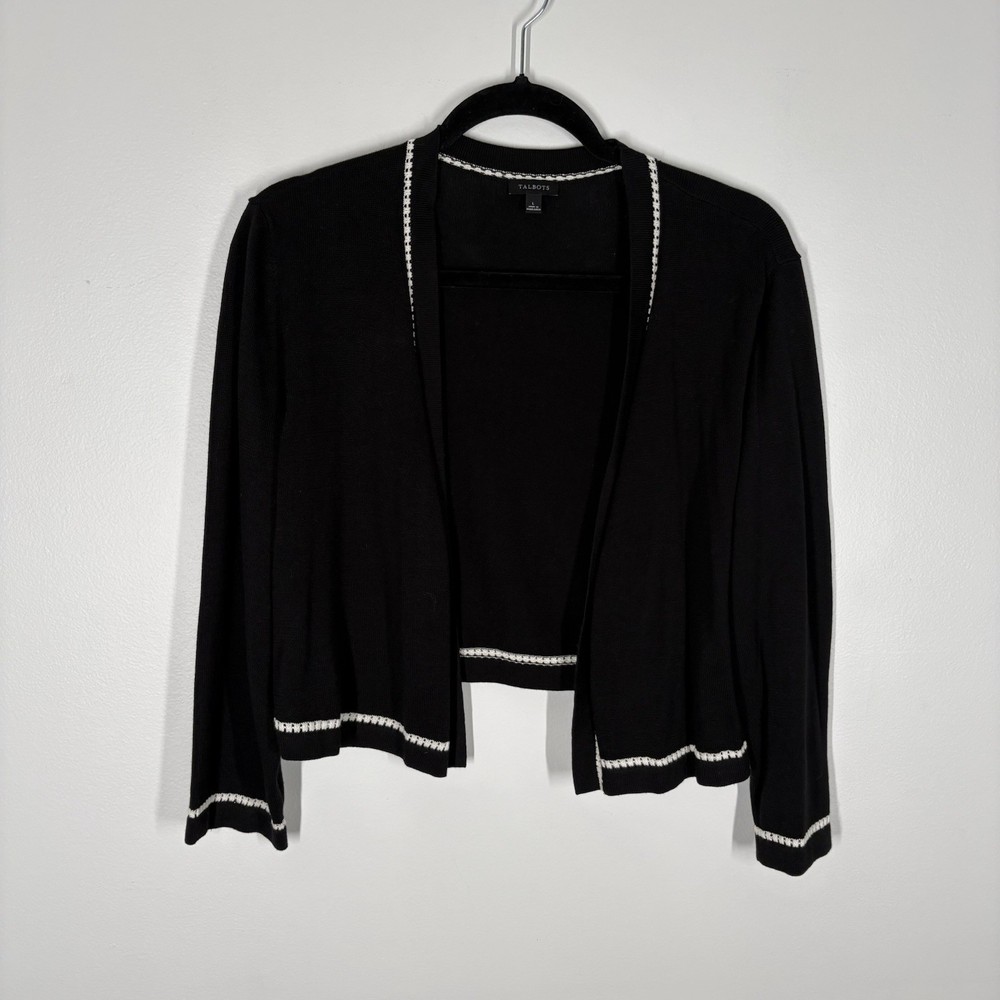 Talbots Women L Black w/White Trim 3/4 Sleeve Open Front Cropped Shrug Cardigan
