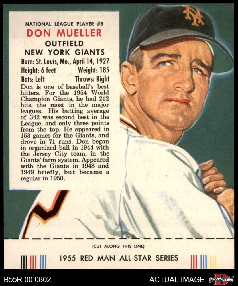 1955 Red Man #8 Don Mueller With Tab Giants 7 - NM