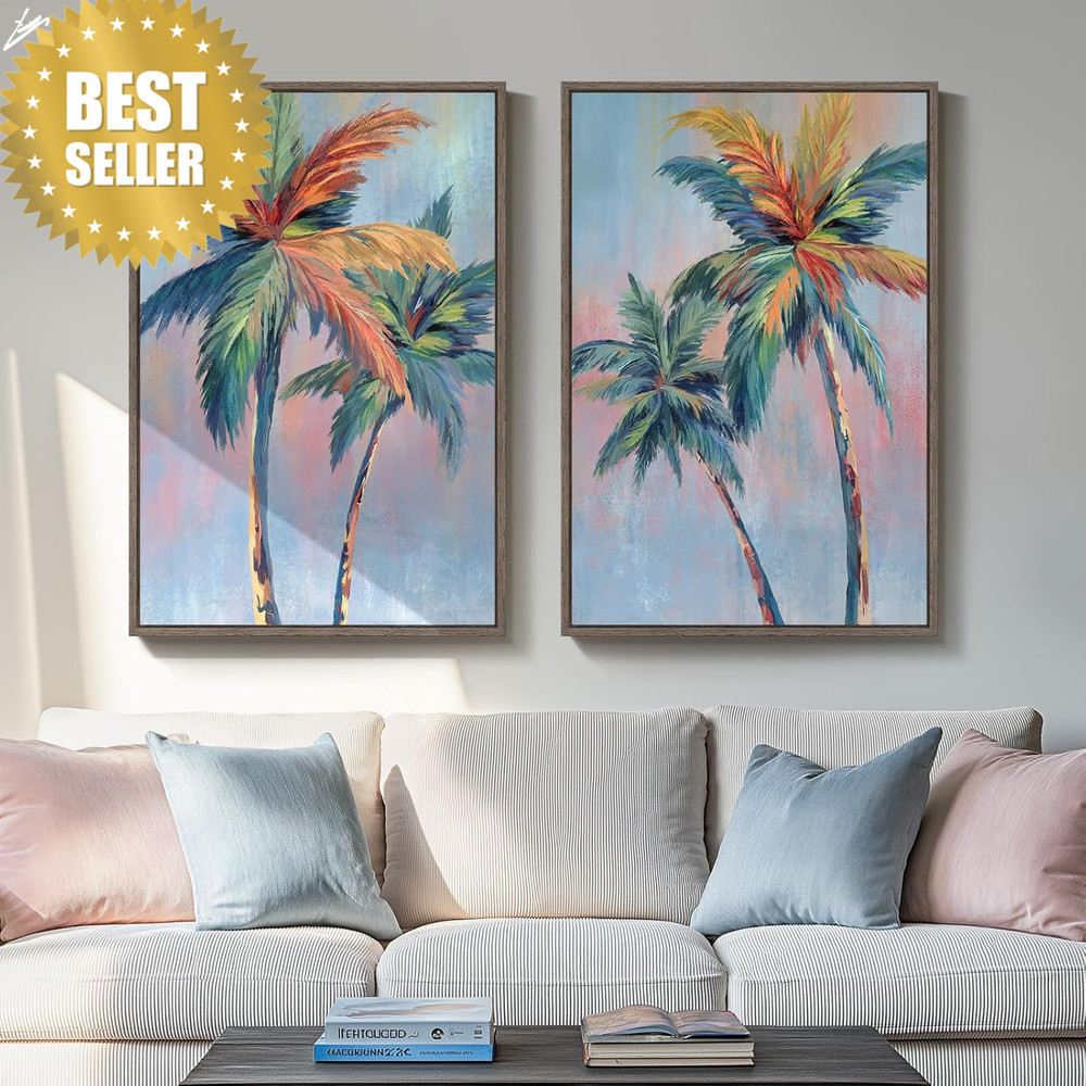 Framed Coastal Wall Art 24x36 2pc Tropical Beach Palm Canvas Print