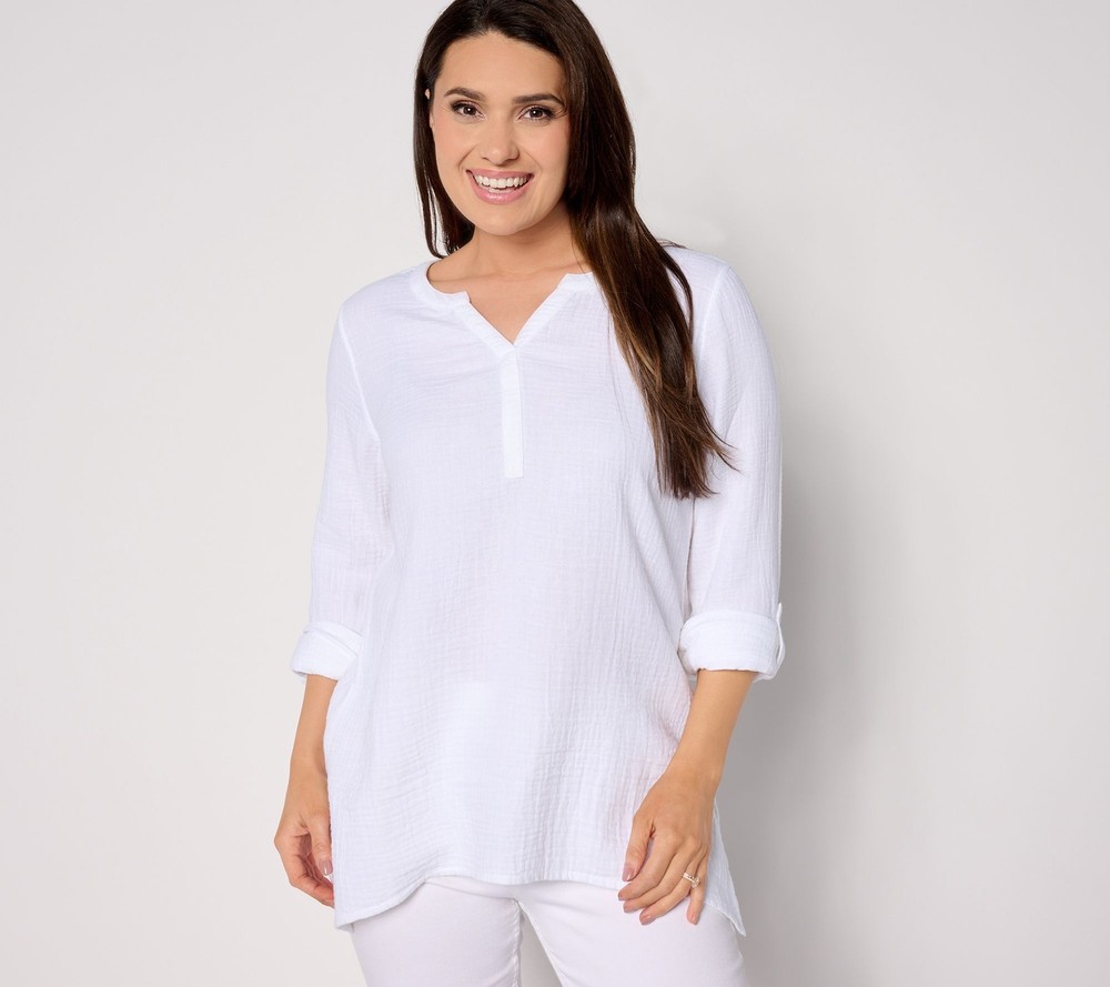 Susan Graver Plus Size 1X Cotton Gauze Top in White A647443