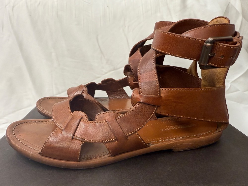 Bottega Veneta Brown Leather Ankle Wrap Flat Sandals Size 36.5