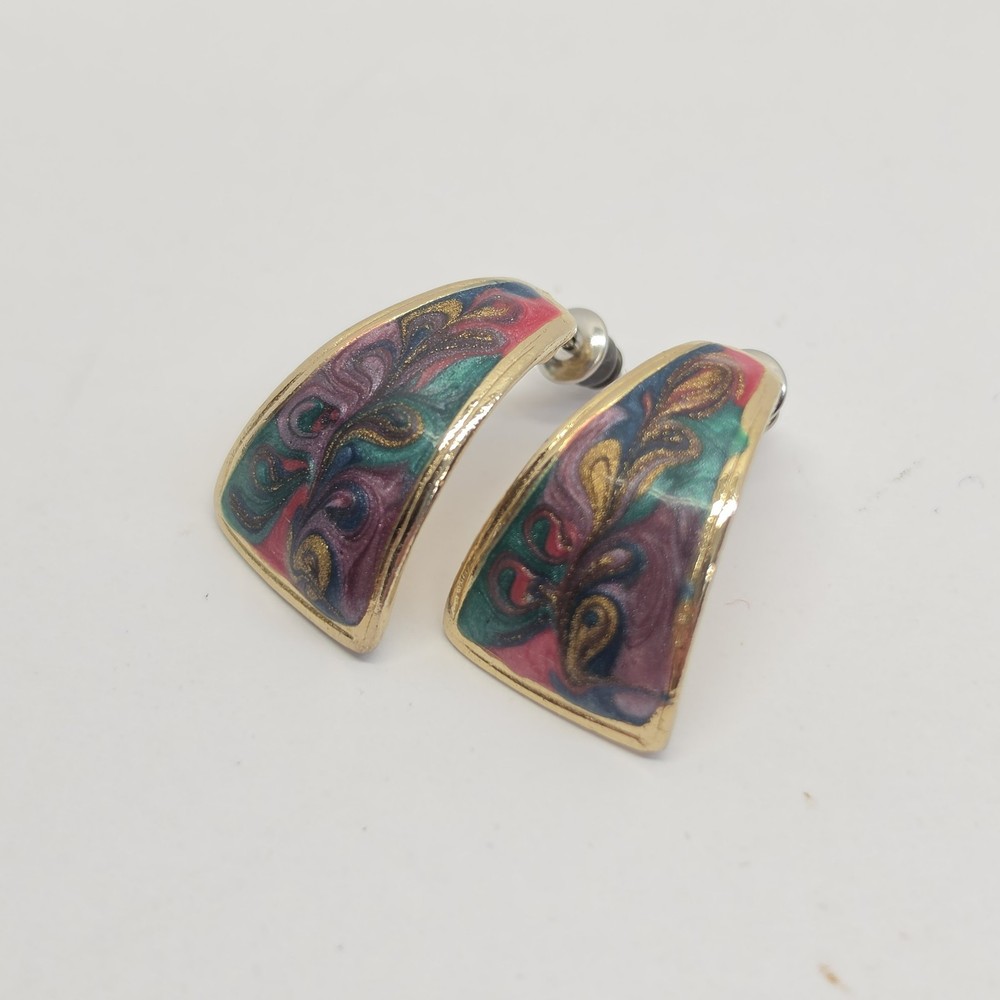 Vintage Earrings Retro 80s 90s Enamel Swirled Marbled Jewel Tone USA Made