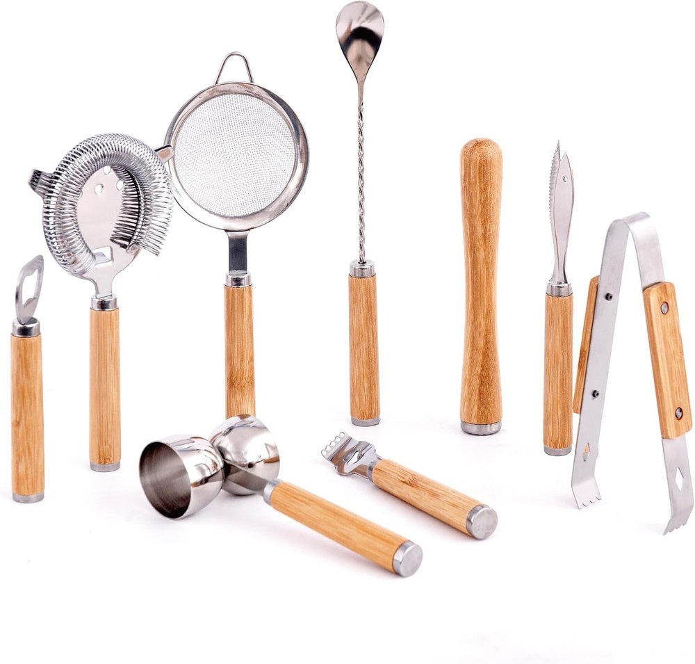 Bartender Kit 9-Piece Bar Tool Set Cocktail Shaker with Wooden