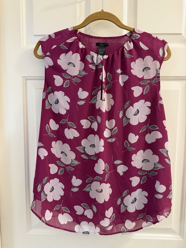Ann Taylor Factory Women’s L Floral V-Neck Sleeveless Blouse Purple White Gray