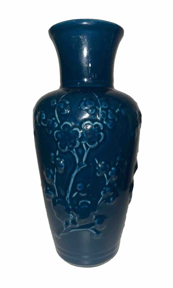 Rare Vintage hyalyn Blue Pottery Vase - 10.5” Floral Cherry Blossom Design